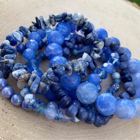 Natural Blue Agate & Kyanite Gemstone Mixed Smooth Round Bead Bracelet Stack - Picture 11 of 12